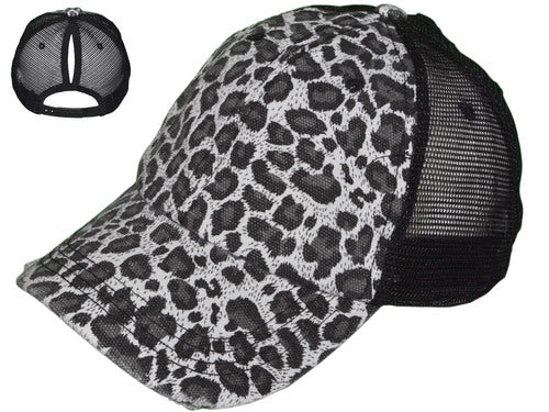 Black Leopard Ponytail Trucker Hats