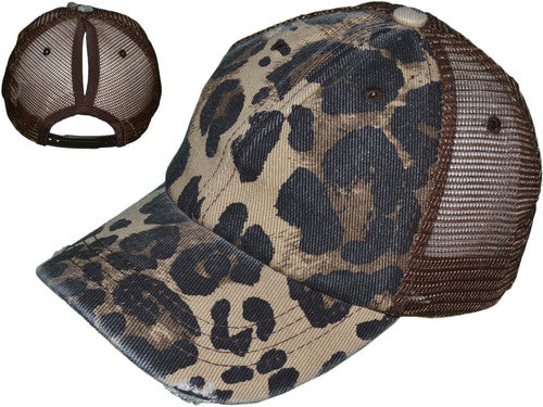 Tan Leopard Ponytail Trucker Hats
