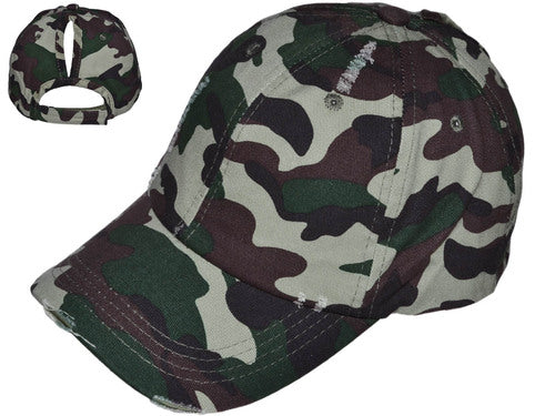 GREEN CAMO - PONYTAIL VINTAGE DAD HATS - LADIES LOW PROFILE UNSTRUCTURED WASHED