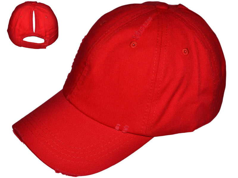 RED - PONYTAIL VINTAGE DAD HATS - LADIES LOW PROFILE UNSTRUCTURED WASHED
