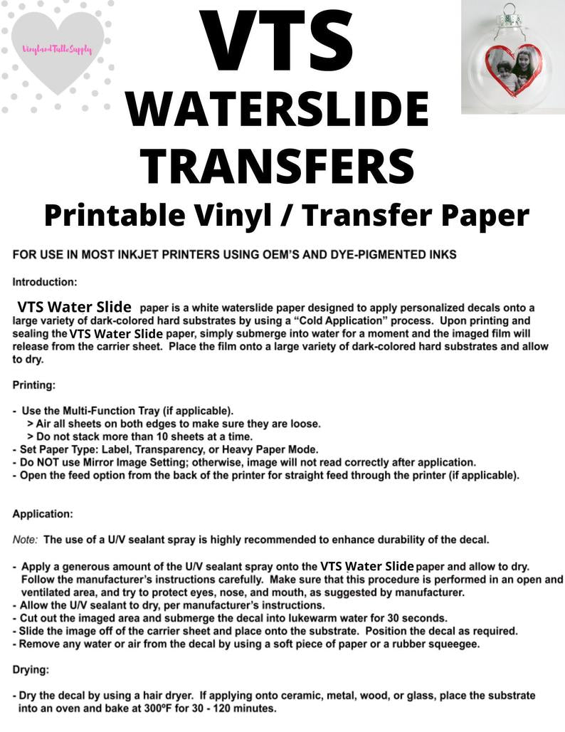VTS Printable Water Slide Vinyl For Inkjets, 8.5" x 11", 5 pack, printable vinyl, inkjet transfer paper,