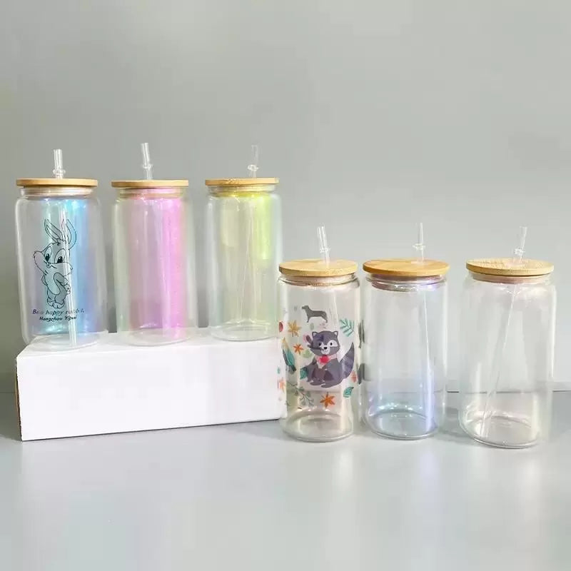 Sublimation Iridescent Glass Cans| Beer Cans with Bamboo Lid 16 oz